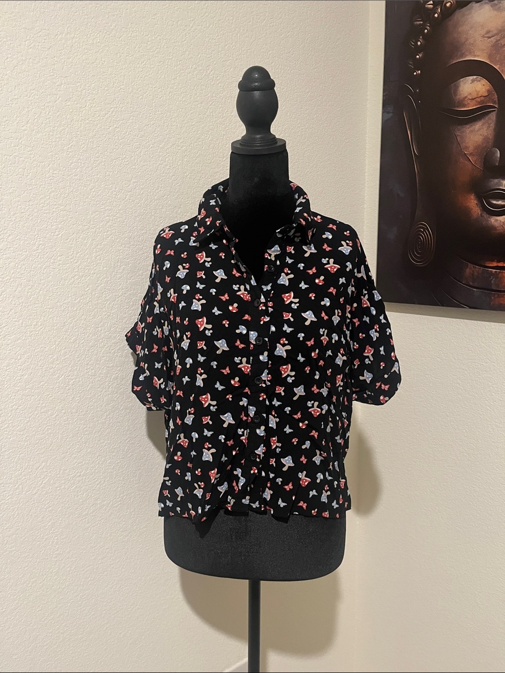 Black Button-Down Short Sleeve Top with Red and Light Blue Mushroom Motif